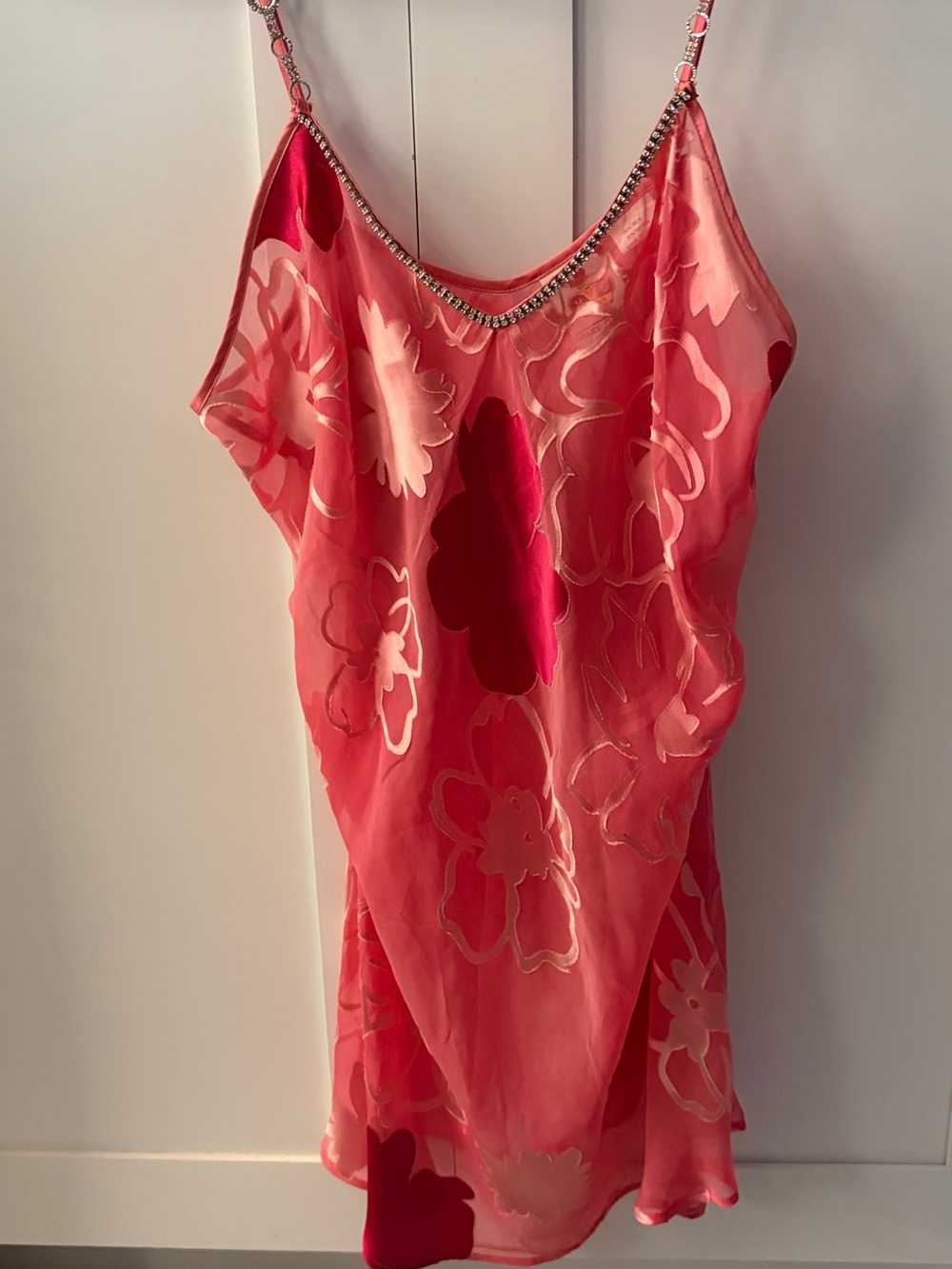 Pink Floral Satin Chemise with Rhinestone-Strap Detail